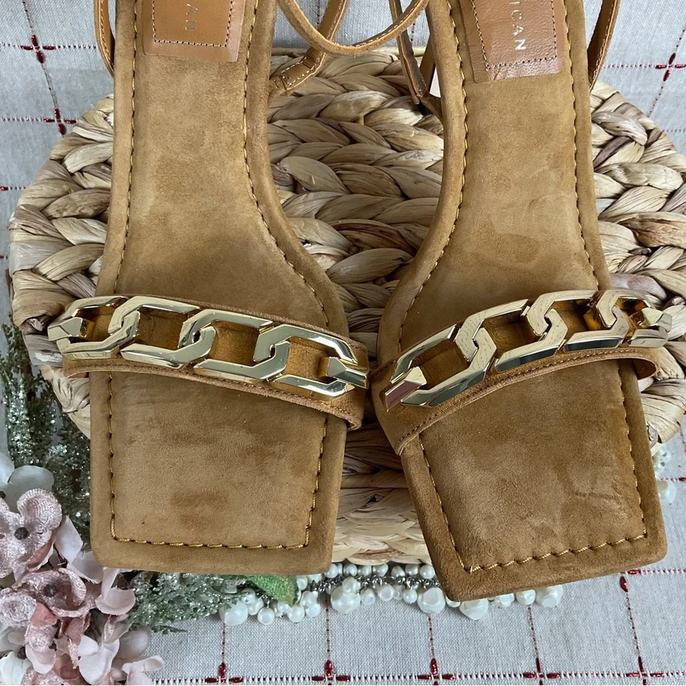 Good American Suede Single Strap Chain Heeled Sandals Amber Brown Sz 11 New - Picture 8 of 12